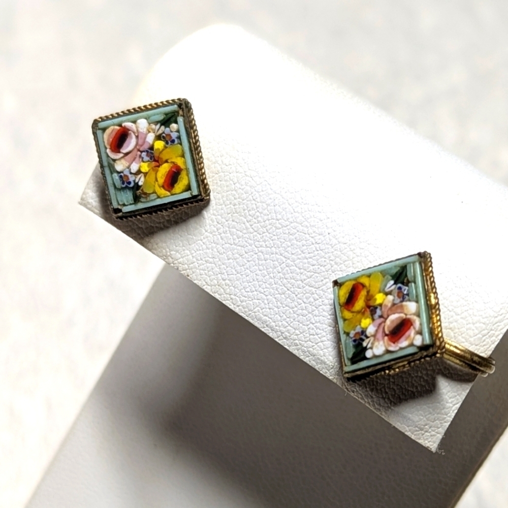 Antique/Rare Fabbrica Angelo Pressar (FAP) Mosaic Floral Earrings Made in Italy